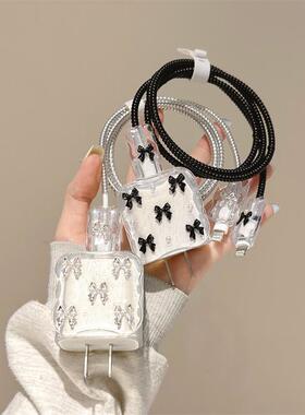 适用苹果PD充电器数据线保护套15promax银黑色小蝴蝶结iphone14透明细闪粉18/20/35W快充头外壳缠绕绳防折断6