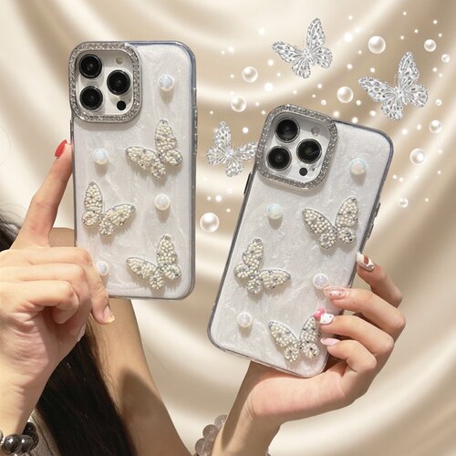 立体镭射珍珠水钻蝴蝶适用于MotorolaG85手机壳摩托罗拉Edge60pro滴胶50neo闪钻镜框E22珠光闪粉G04手链G13女
