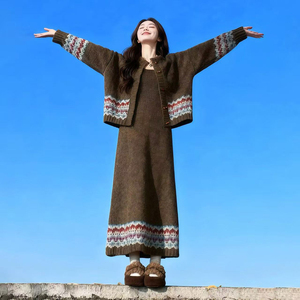 秋冬气质穿搭一整套高级感御姐轻熟绝美费尔岛开衫连衣裙子套装女