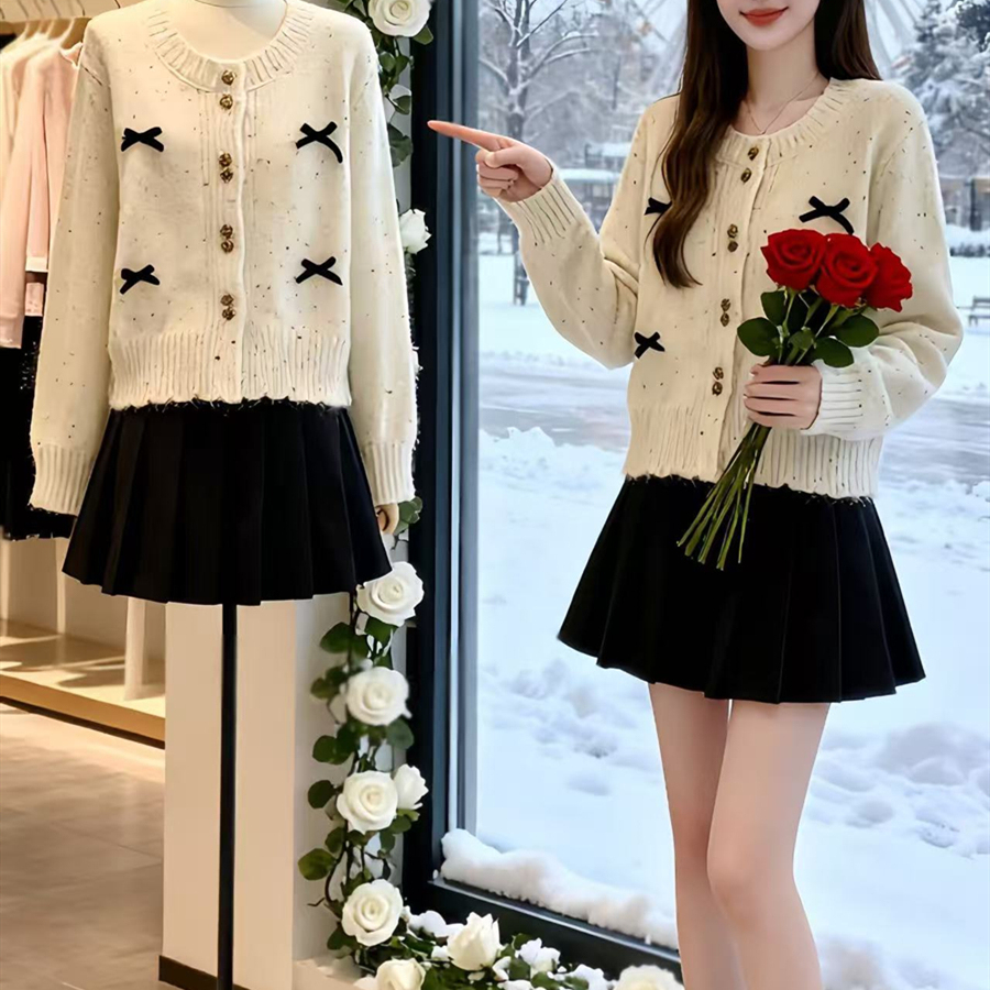 学院风针织开衫百褶裙两件套装女