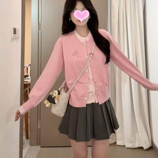 秋季韩系chic高级感学院风巨好看的粉色针织毛衣百褶裙两件套装女