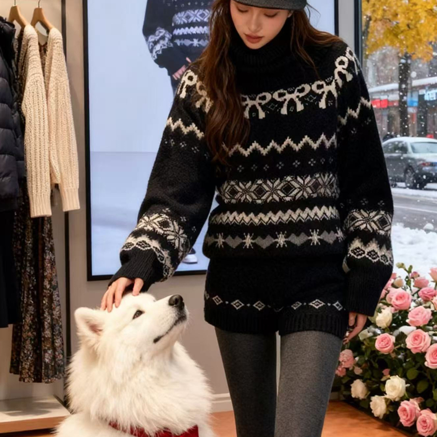 秋冬季一整套穿搭高级感巨好看的黑色费尔岛针织衫毛衣短裤套装女