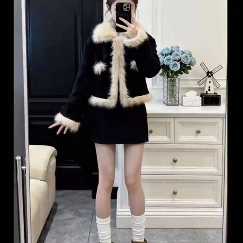 美式复古羊羔毛外套裙子两件套装