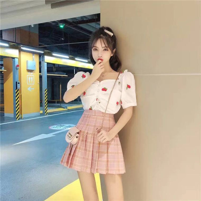 夏季可盐可甜盐系少女穿搭甜美小清新时尚减龄上衣百褶裙两件套装