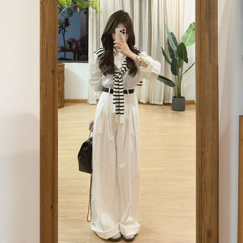秋季穿搭一整套高级感气质港味复古chic职业衬衫阔腿裤两件套装女