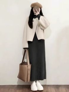 深冬装 搭配一整套盐系轻熟御姐韩系小香风毛呢外套连衣裙两件套装