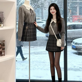 秋冬装搭配一整套高级感御姐轻熟绝美气质小香风毛衣裙子两件套装