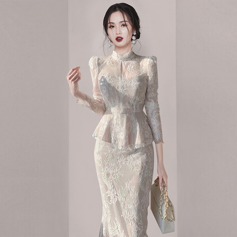 QIR法式蕾丝套装裙女2023秋冬新款小香风高端名媛气质收腰两件套