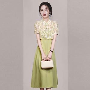 新中式改良旗袍连衣裙套装2024夏季新款时尚减龄洋气绿色两件套女