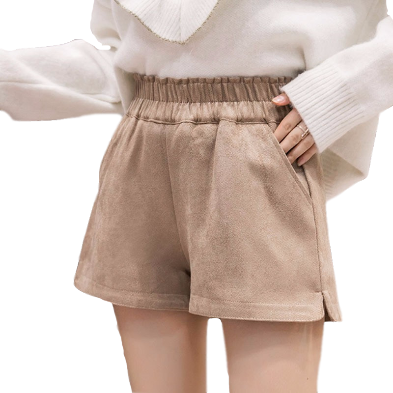 松紧腰短裤女秋冬款2023新款韩版百搭宽松高腰阔腿毛呢子外穿靴裤