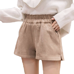 松紧腰短裤女秋冬款2023新款韩版百搭宽松高腰阔腿毛呢子外穿靴裤