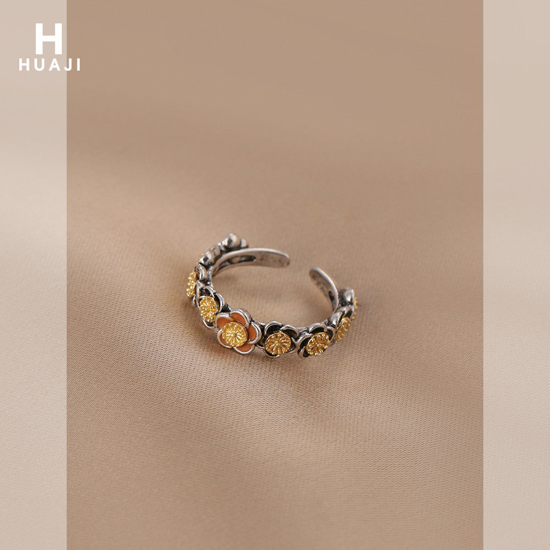 花迹复古花朵戒指女时尚个性开口可调节食指戒小众设计感做旧指环