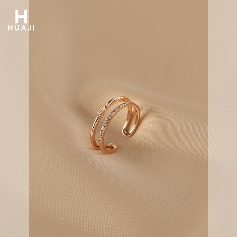 花迹蝴蝶结自律戒指女小众设计高级感镶钻食指戒时尚个性双层素戒