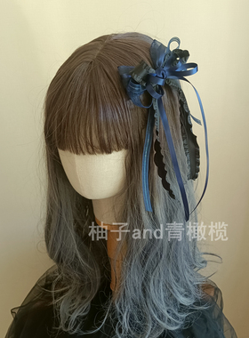 洛丽塔头饰lolita发夹暗黑哥特发饰深蓝色LO娘软妹蝴蝶结夹子配饰