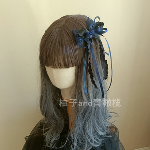 洛丽塔头饰lolita发夹暗黑哥特发饰深蓝色LO娘软妹蝴蝶结夹子配饰