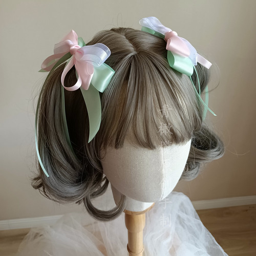 粉绿中华风洛丽塔头饰lolita对夹双马尾发饰二次元边夹搭竹外桃花