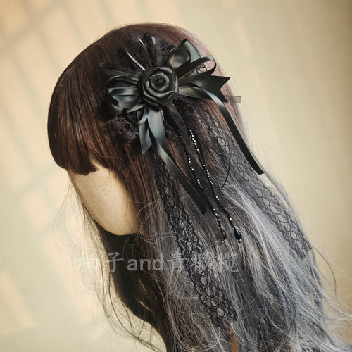 洛丽塔暗黑蔷薇花丸lolita头饰黑色玫瑰胸针珠链小物哥特边夹配饰