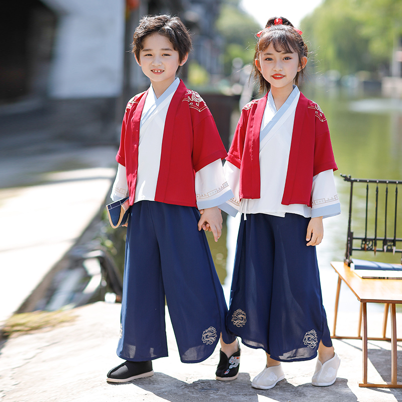 儿童古装国学汉服男女童中国风三字经书童演出服诗歌朗诵表演服装