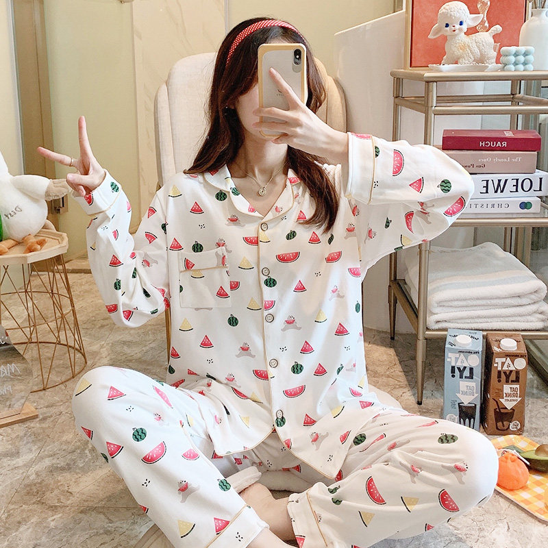 睡衣女春秋长袖纯棉甜美可爱卡通开衫全棉家居服两件套可外穿冬季