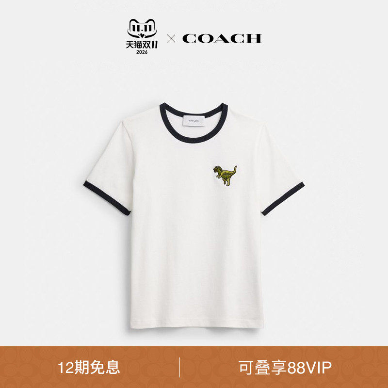 COACH/蔻驰女士REXY饰边T恤棉质短袖上衣舒适休闲高级感