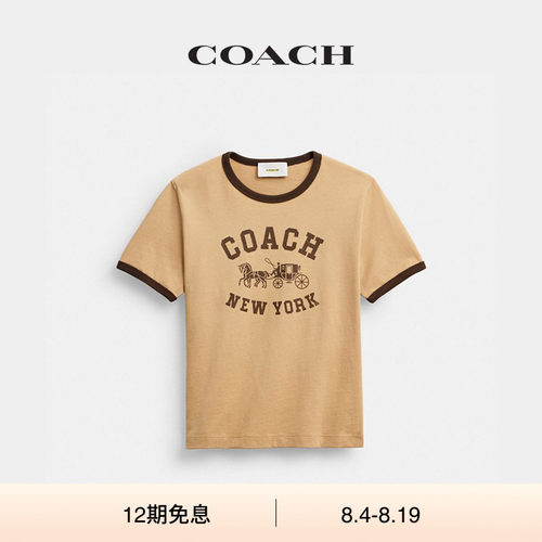 COACH/蔻驰女士棉质马车图案饰边T恤短袖上衣高级气质