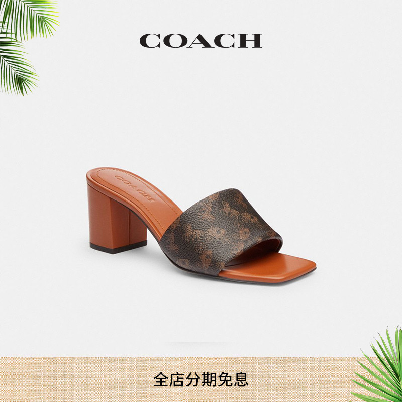 【新品】COACH/蔻驰女士马车图案印花HOLLY块状鞋跟凉鞋高跟鞋