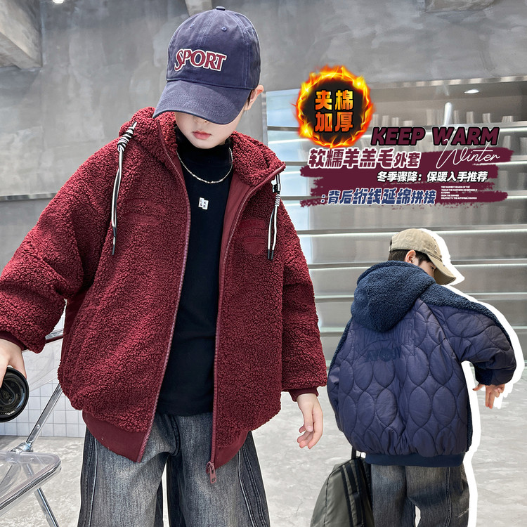 2025洋气红色女童棉衣连帽加厚潮秋冬男童羊羔绒外套加绒洋气冬装