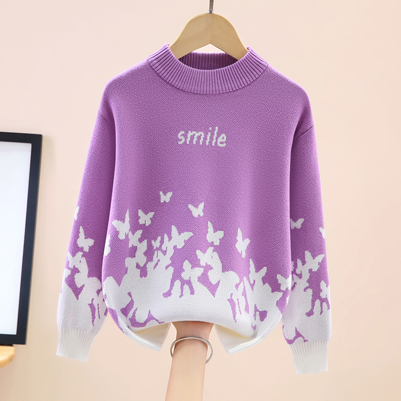 女童毛衣秋冬款2025新款洋气加绒加厚女孩圆领套头纯棉针织打底衫