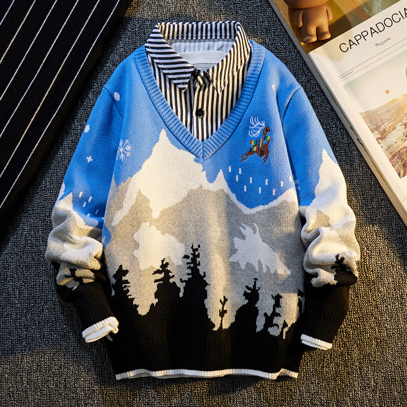 男童秋季纯棉假两件毛衣儿童衬衫领2025春秋新款韩版时尚针织衫男