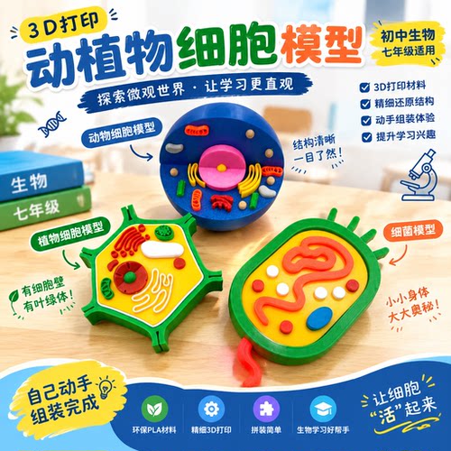 动植物细胞立体3d打印模型成品演示手工自制作diy全套真核材料包七年级初一初高中初中生物细菌粘土学生作业