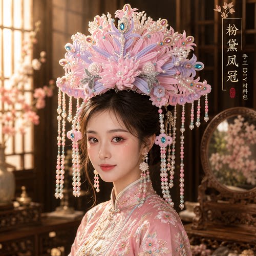 粉黛凤冠扭扭棒手工diy材料包非遗戏曲头饰国潮汉服古装拍照表演