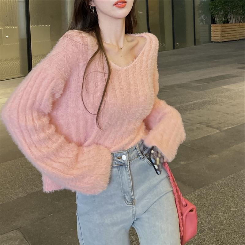 软软糯糯慵懒风毛衣女v领