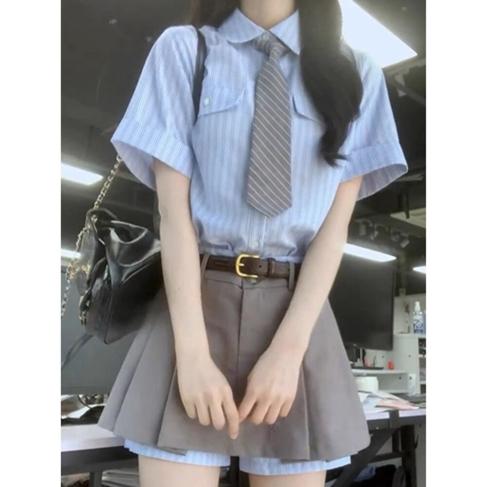 学院风条纹衬衫连衣裙子