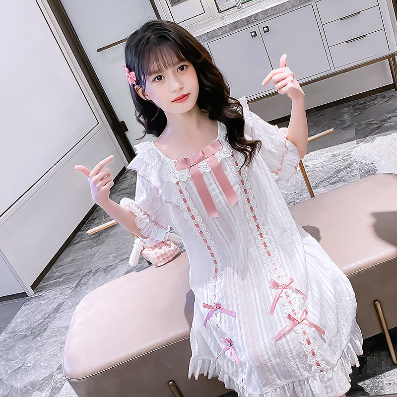 夏季女童睡裙短袖薄款儿童公主睡衣纯棉蝴蝶结可爱小女孩棉布裙子