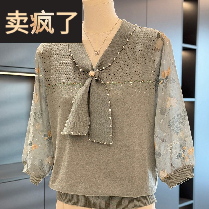 时尚休闲 雪纺拼接妈妈装女七分袖春装新款上衣气质百搭中老年小