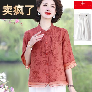 妈妈七分袖新款衬衫大码棉麻亚麻上衣高端50岁中老年女装夏季套装