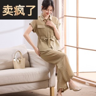 喜卉中老年女装时尚短袖开衫上衣九分裤子两件套气质妈妈夏季套装