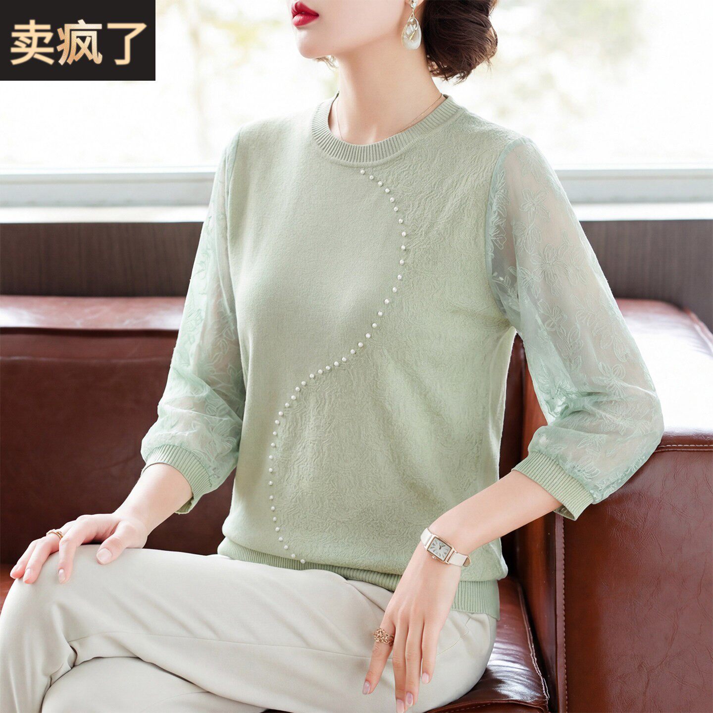 妈妈春装纱袖T恤中年女装洋气针织上衣服中老年春夏薄款漂亮小衫