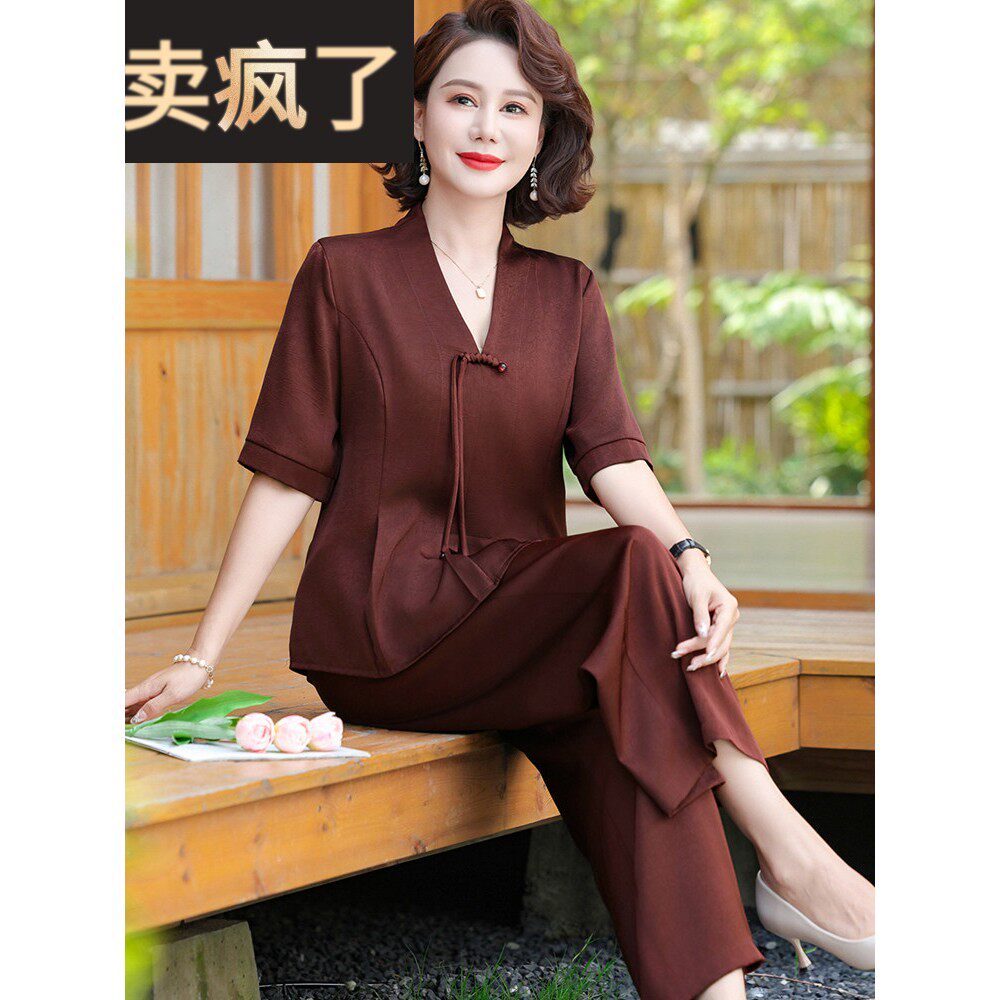 气质中年母亲夏季衬衫女式套头衫短袖民族风格真丝V领纯色上衣套