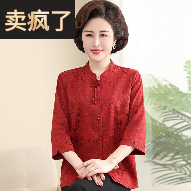 妈妈夏装桑蚕丝衬衫喜婆婆婚礼装中老年人上衣奶奶唐装真丝衬衫女