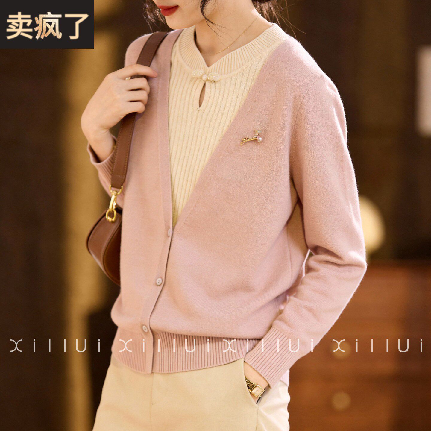 喜卉妈妈春装针织衫假两件上衣2026新款宽松中老年女装旗袍领打底