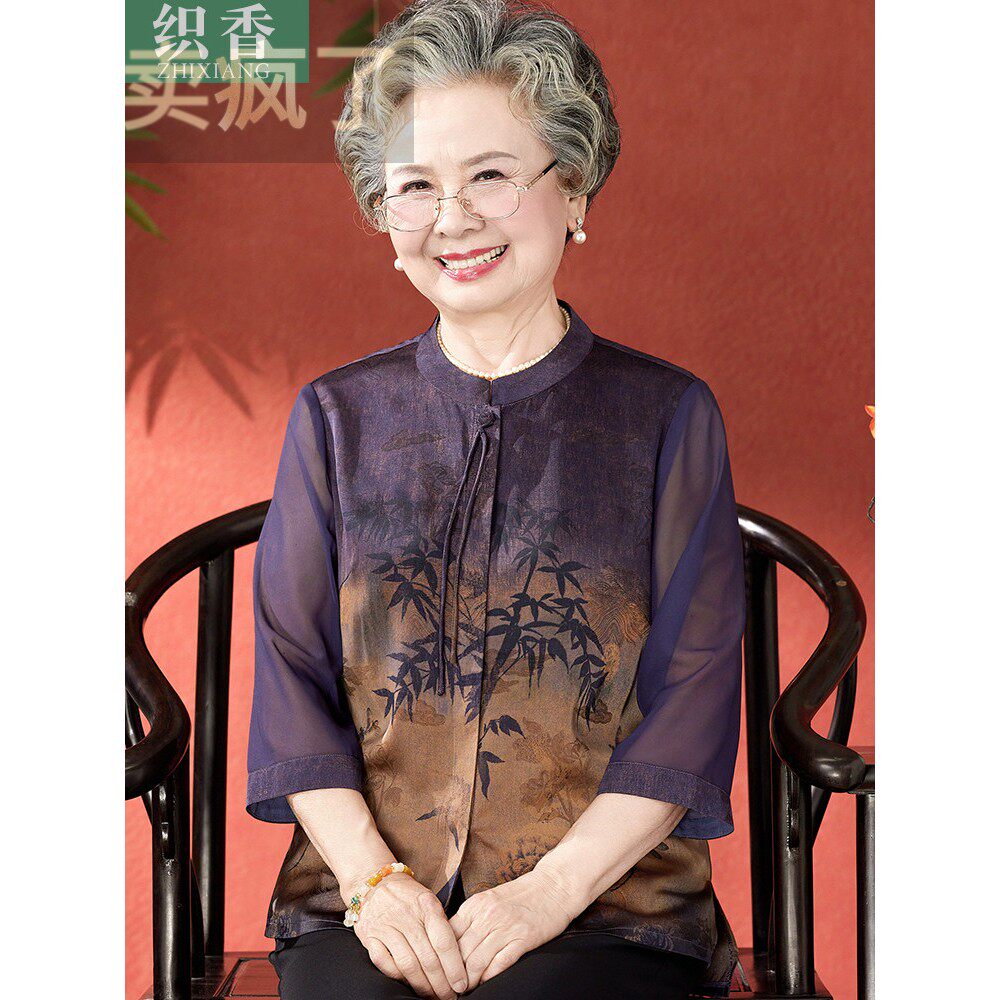 中老年妈妈夏装衬衫女老太太纱袖上衣老人衣服奶奶装夏季洋气套装