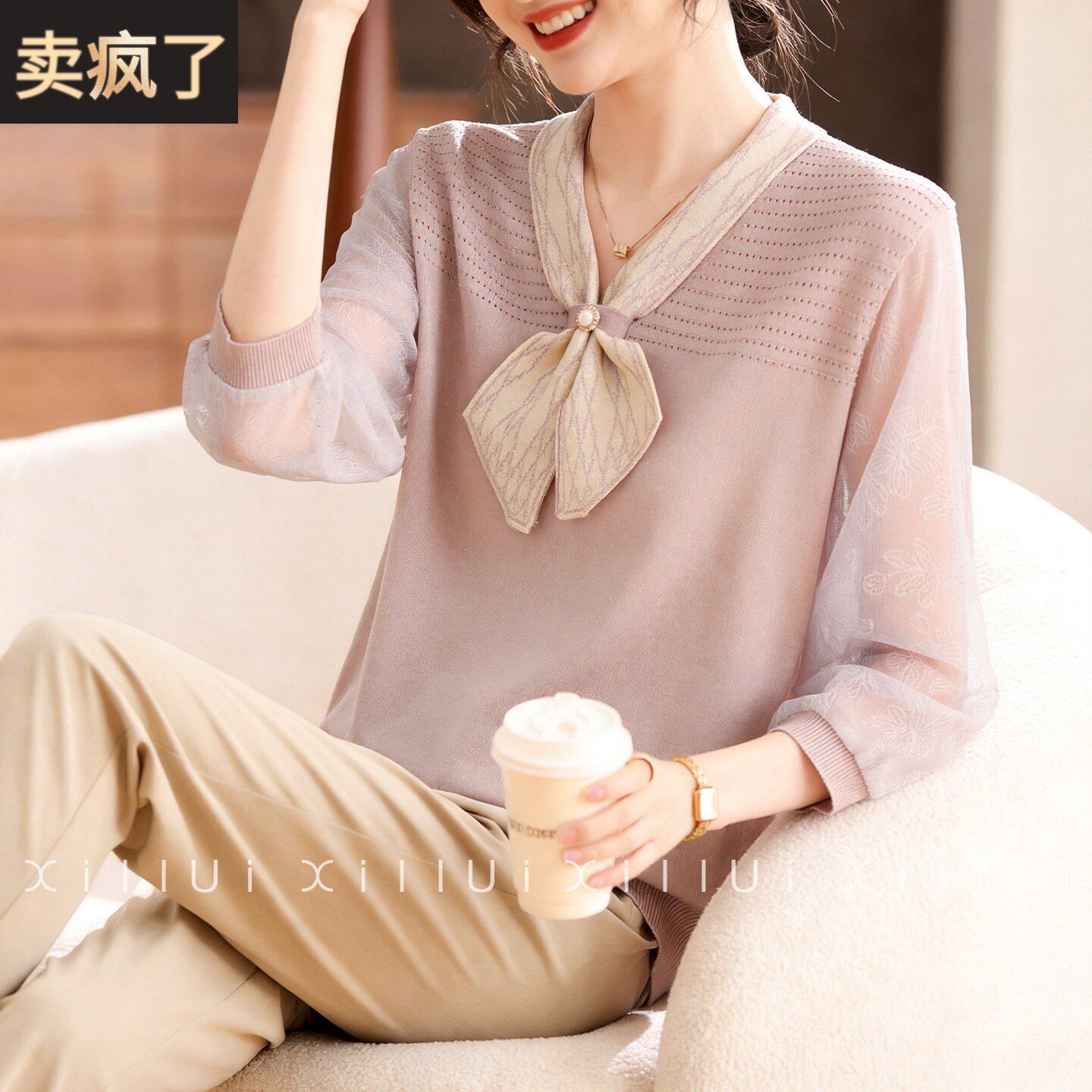 喜卉妈妈春装薄款纱袖针织上衣中老年女装春季洋气减龄七分袖T恤