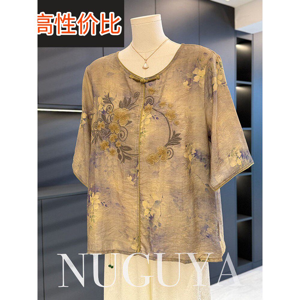 时尚休闲民族风妈妈服棉麻衬衫女式夏季新款上衣大码气质中老年衬