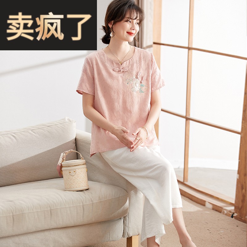 喜卉新中式妈妈夏季休闲上衣2025新款洋气中老年女夏装短袖T恤衫