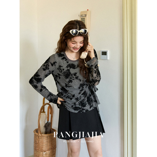 【胖佳佳】胖妹妹mm大码女装比例重塑针织衫春季植绒印花网纱上衣