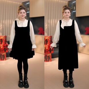 【胖佳佳】胖妹妹mm大码女装暗影微光拼接丝绒连衣裙女冬季假两件