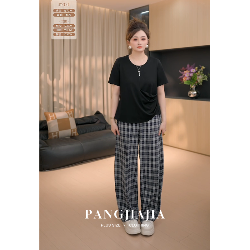 【胖佳佳】胖mm大码女装格子裤轻盈版薄款休闲裤夏季宽松百搭长裤