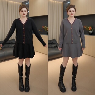 秋冬新款 格蕾高织套装 高级撞色小香织带v领毛衣半身裙 胖佳佳