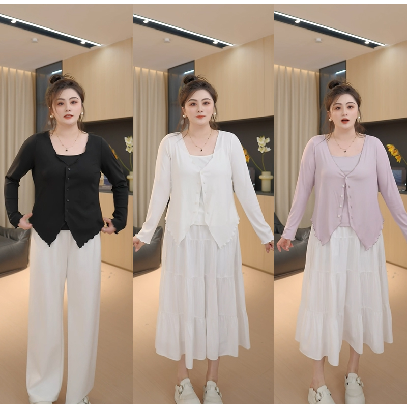 【胖佳佳】假日庄园 纯色吊带背心长袖v领开衫两件套女H625A02119